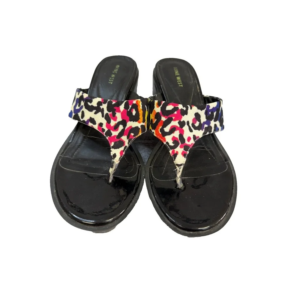Nine West Mulitcolor Leopard Thong Wedge Sandal Women's Size 9M